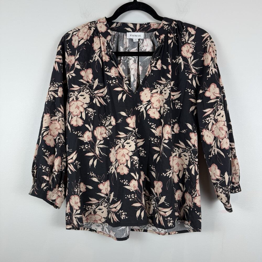 Evereve Floral Blouse Women XS Black Cream 3/4 Sleeve V-Neck Boho Cottagecore